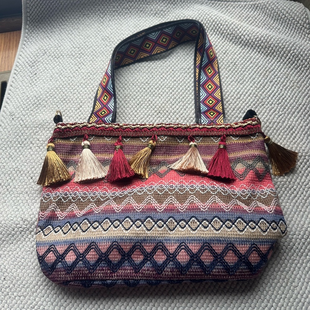 Boho Tassel Jacquard Tote Bag in Pink Multicolor - Picture 1 of 6